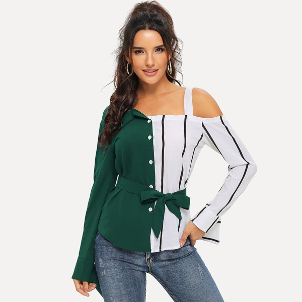 

Asymmetrical Shoulder Spliced Striped Belted Blouse, Green