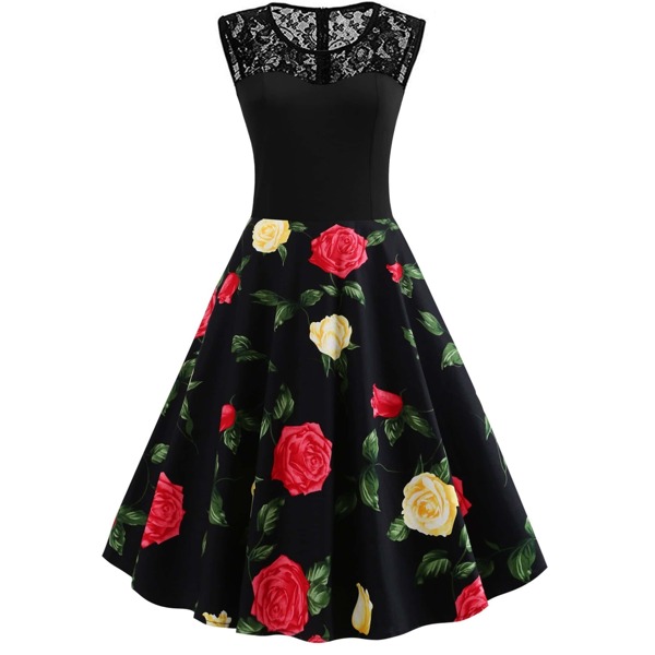 

50s Lace Yoke Floral Flare Dress
