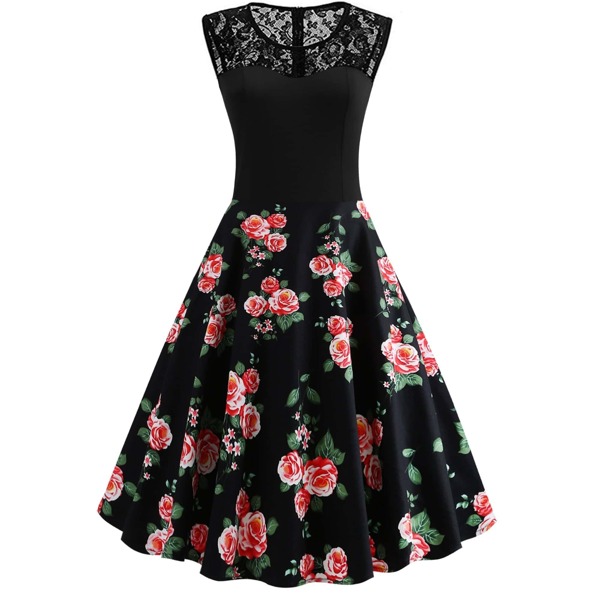 

50s Lace Yoke Floral Flare Dress