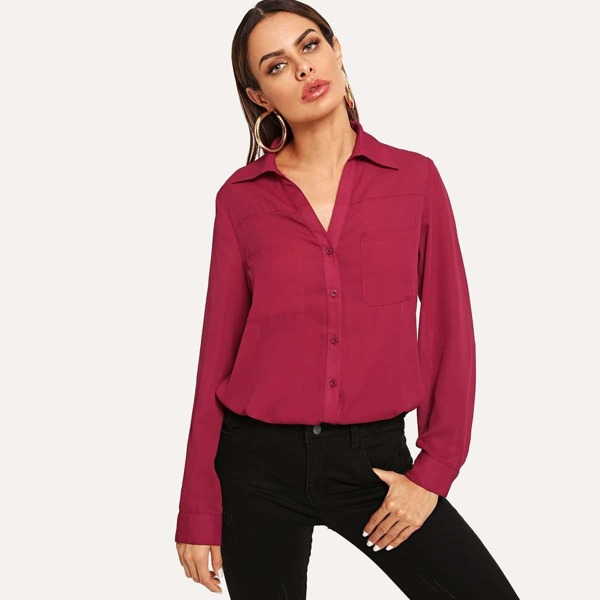 

Pocket & Button Front Solid Collar Shirt