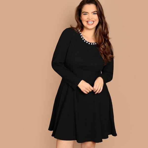 

Plus Pearl Detail Rib Knit Skater Dress, Black