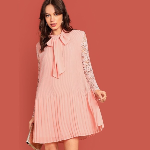 

Tie Neck Lace Sleeve Pleated Dress