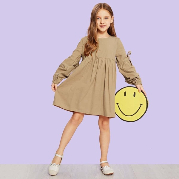 

Girls Lantern Sleeve Bow Detail Babydoll Dress, Camel