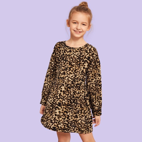 

Girls Leopard Print Round Neck Dress
