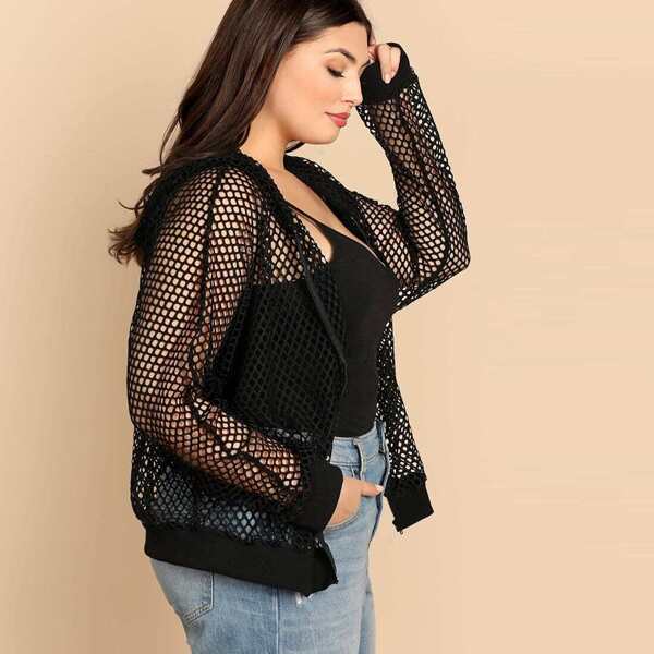 

Plus Fishnet Mesh Hooded Jacket, Black