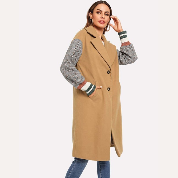 

Single Breasted Contrast Plaid Sleeve Coat