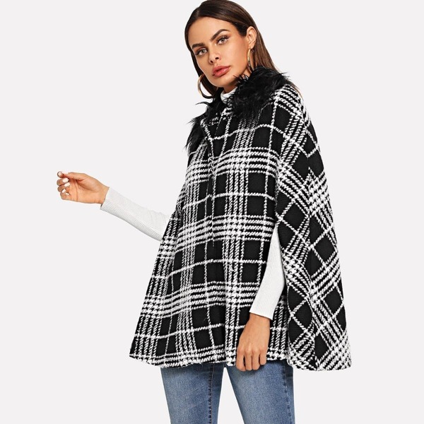 

Faux Fur Embellished Plaid Cape Coat, Black and white