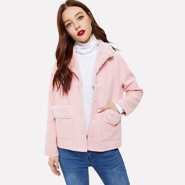 

Pocket & Button Front Faux Fur Contrast Coat, Pink