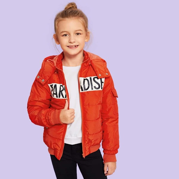 

Girls Letter Zip Up Hooded Puffer Coat