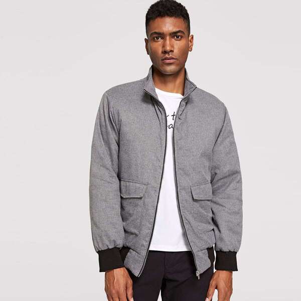

Men Flap Pocket Contrast Trim Padded Coat, Grey