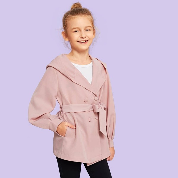 

Girls Double Button Hooded Belted Coat, Pink