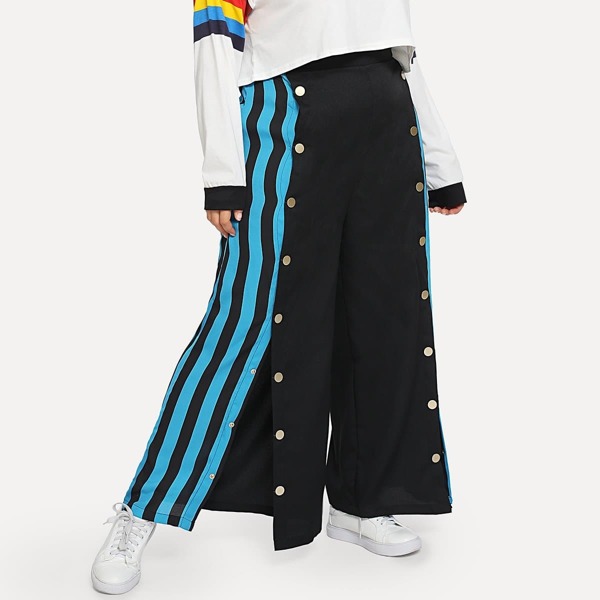 

Plus Snap Button Front Striped Palazzo Pants