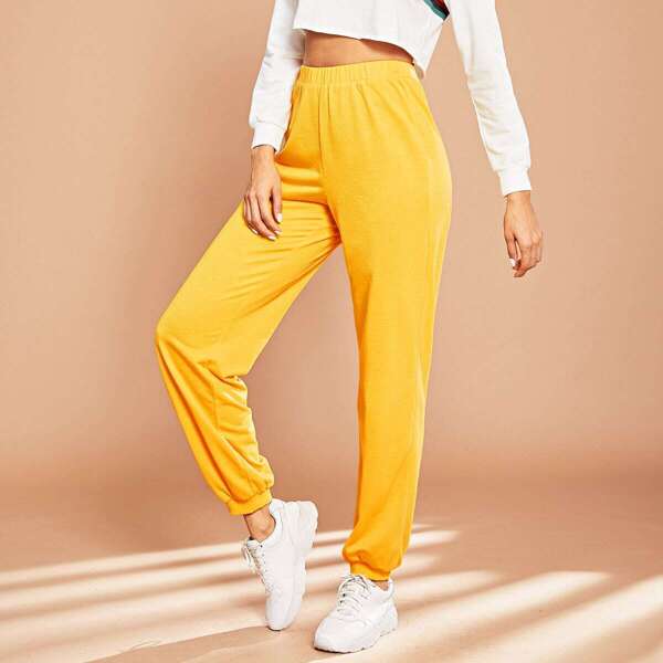 

Elastic Waist Solid Pants, Mustard yellow