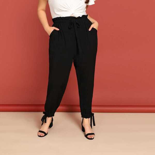 

Plus Slant Print Drawstring Waist Frilled Pants, Black