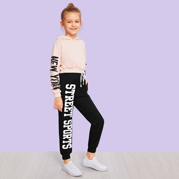 

Girls Drawstring Waist Letter Tapered Pants, Black