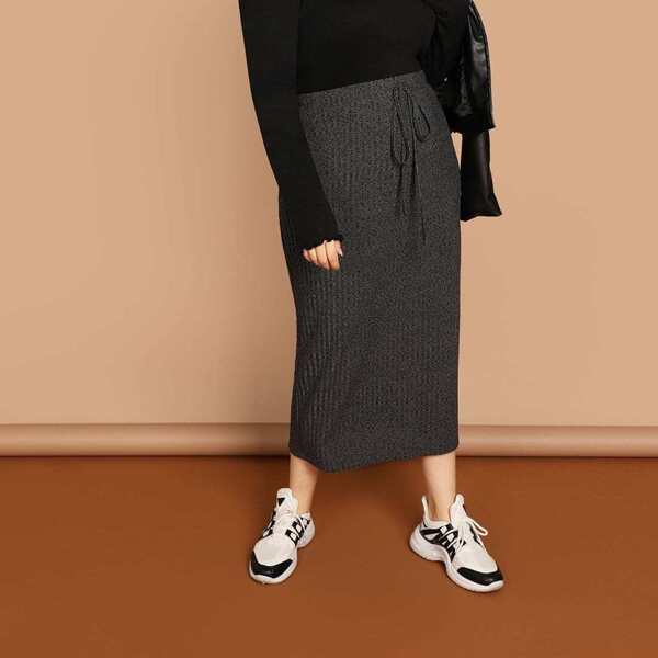 

Plus Drawstring Waist Rib Knit Skirt, Grey