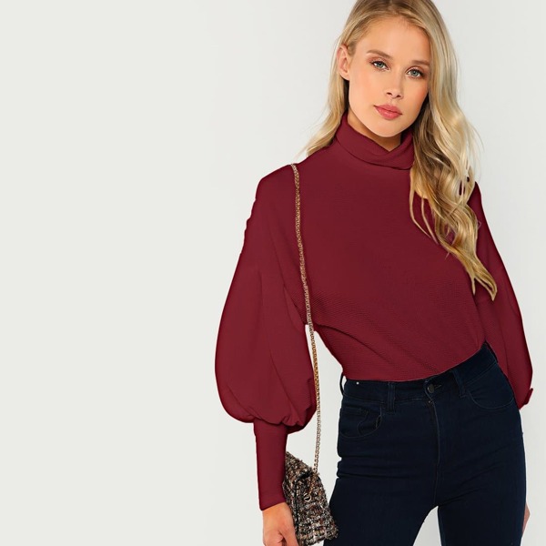 

Rolled Neck Leg-of-Mutton Sleeve Pullover
