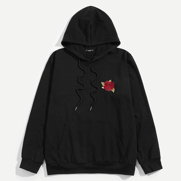 

Men Flower Embroidered Hoodie, Black