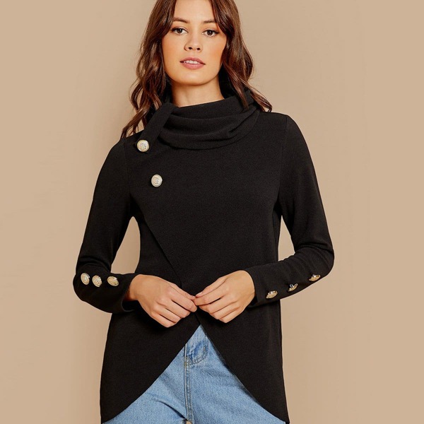 

Cowl Neck Gold Button Detail Tulip Hem Top