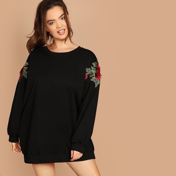 

Plus Floral Embroidered Drop Shoulder Pullover
