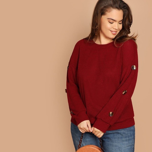 

Plus Button Detail Rib Knit Pullover