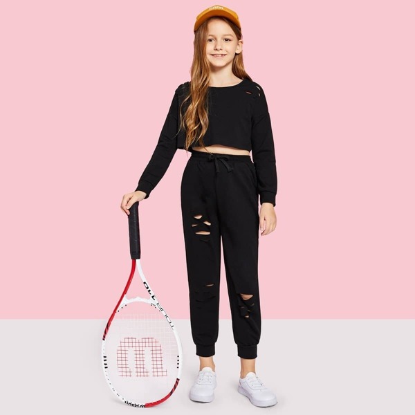 

Girls Cut Out Front Top & Drawstring Waist Pants Set, Black
