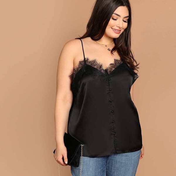 

Plus Lace Trim Cami Top, Black