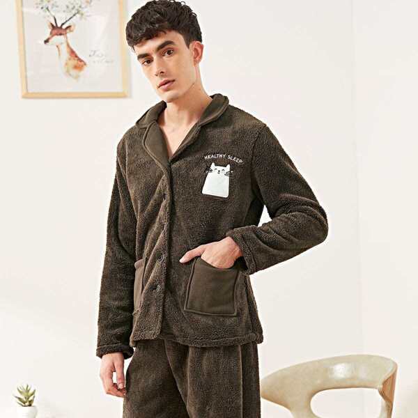 

Men Cat Embroidered Plush Pajama Set