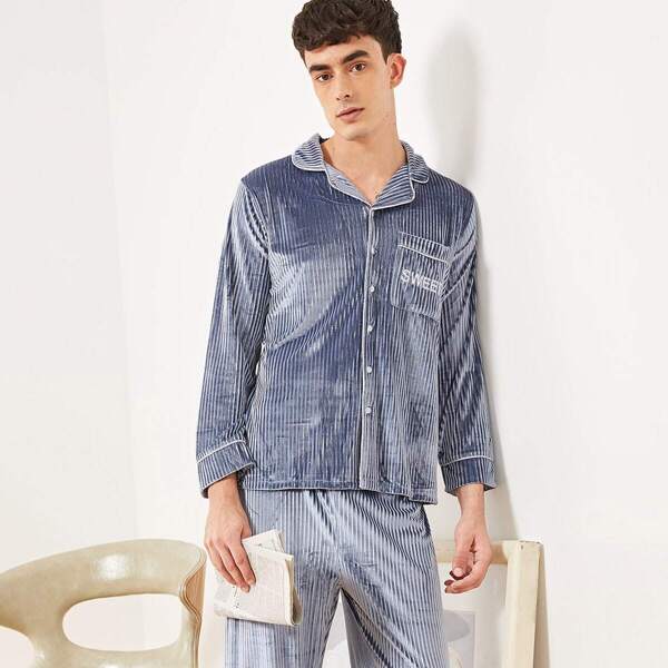 

Men Letter Embroidered Velvet Pajama Set