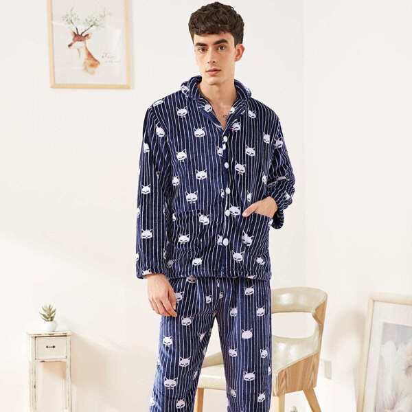 

Men Cat Print Plush Pajama Set