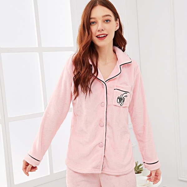 

Letter Embroidered Plush Pajama Set