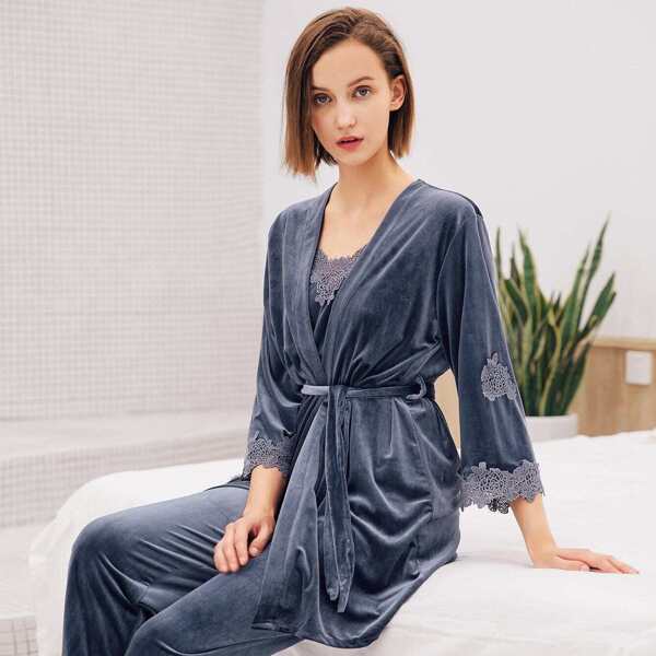 

Floral Crochet Velvet Cami Pajama Set With Robe