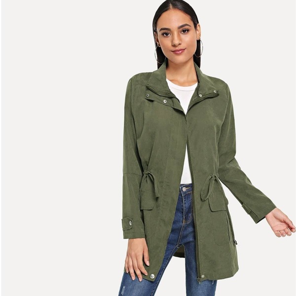 

Solid Drawstring Waist Utility Coat, Army green