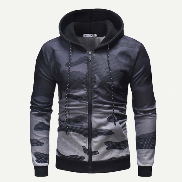 

Men Zip Up Ombre Camouflage Hooded Sweatshirt, Grey