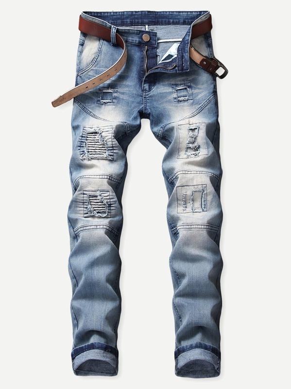 

Men Patch & Shirred Detail Jeans, Blue