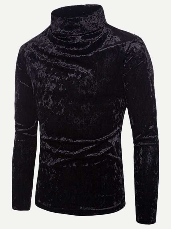 

Men Velvet Turtleneck Solid Sweatshirt, Black