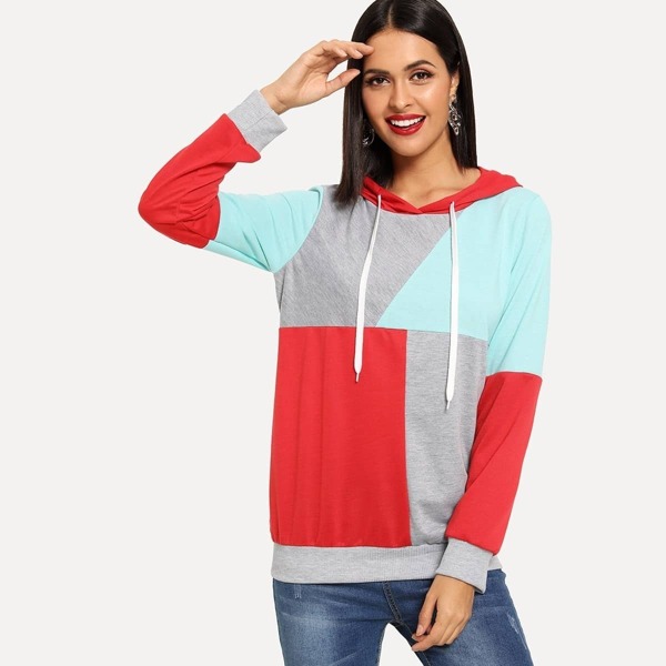 

Colorblock Patchwork Drawstring Hoodie, Multicolor