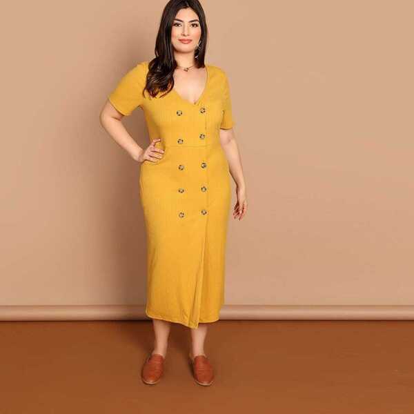 

Plus Double Breasted Rib Knit Wrap Dress