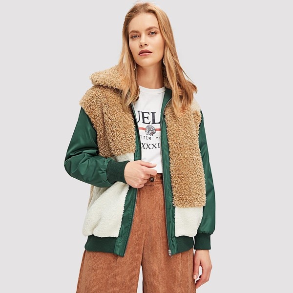 

Color Block Padded Teddy Jacket, Multicolor