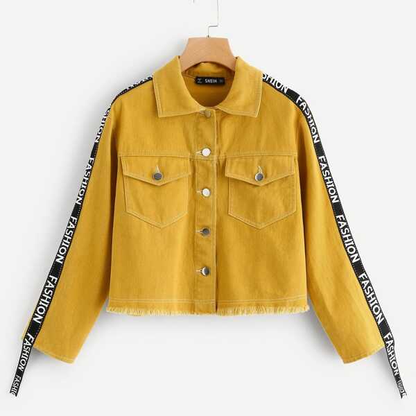 

Button & Pocket Front Collar Letter Jacket, Yellow