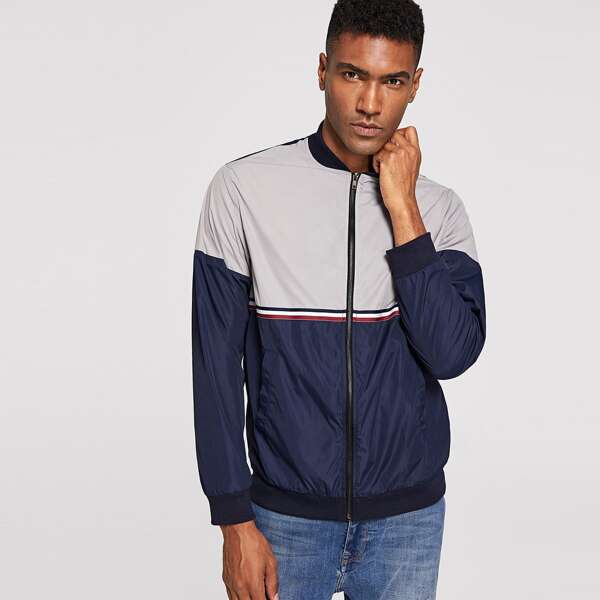 

Men Zip Up Color Block Bomber Jacket