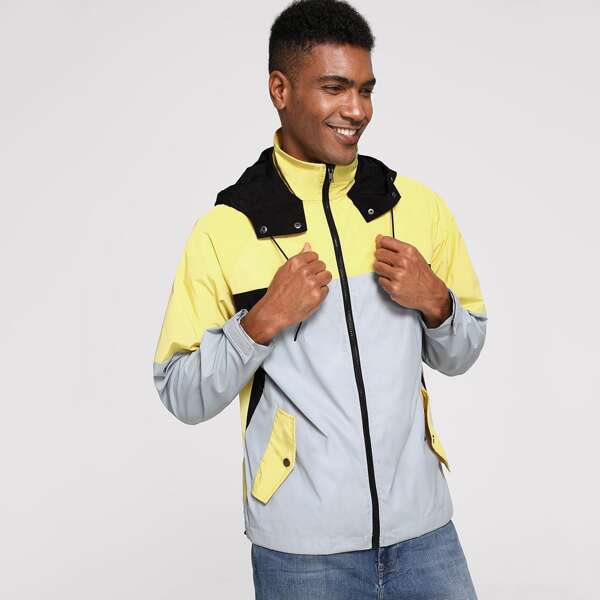 

Men Flap Pocket Detail Color Block Windbreaker Jacket, Multicolor