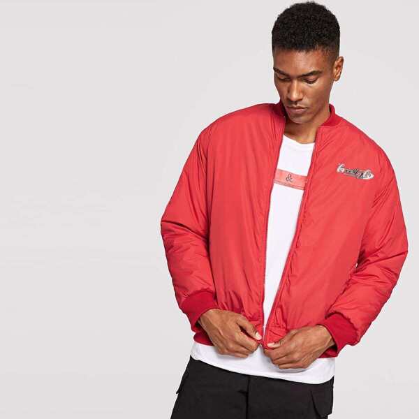 

Men Letter Print Padded Bomber Jacket, Red