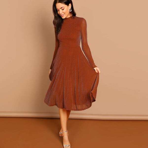 

Button Keyhole Mock-neck Glitter Flowy Dress
