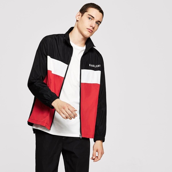 

Men Zip Up Color Block Letter Jacket
