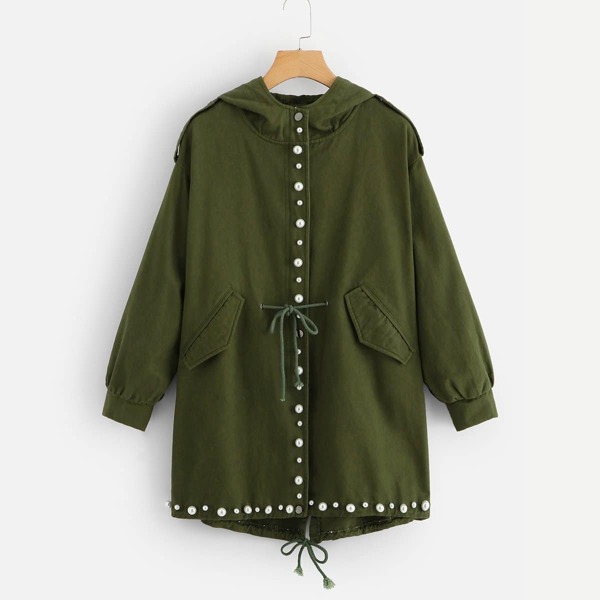 

Pearl Detail Drawstring Waist Coat, Army green