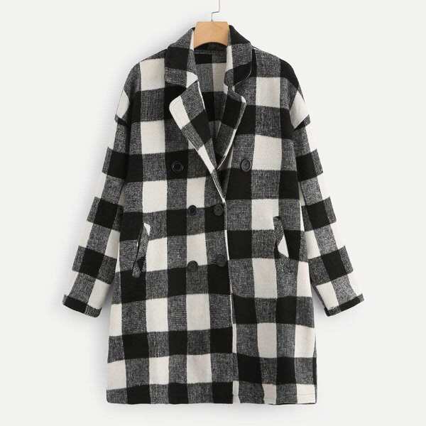 

Plus Notch Collar Double Breasted Plaid Coat