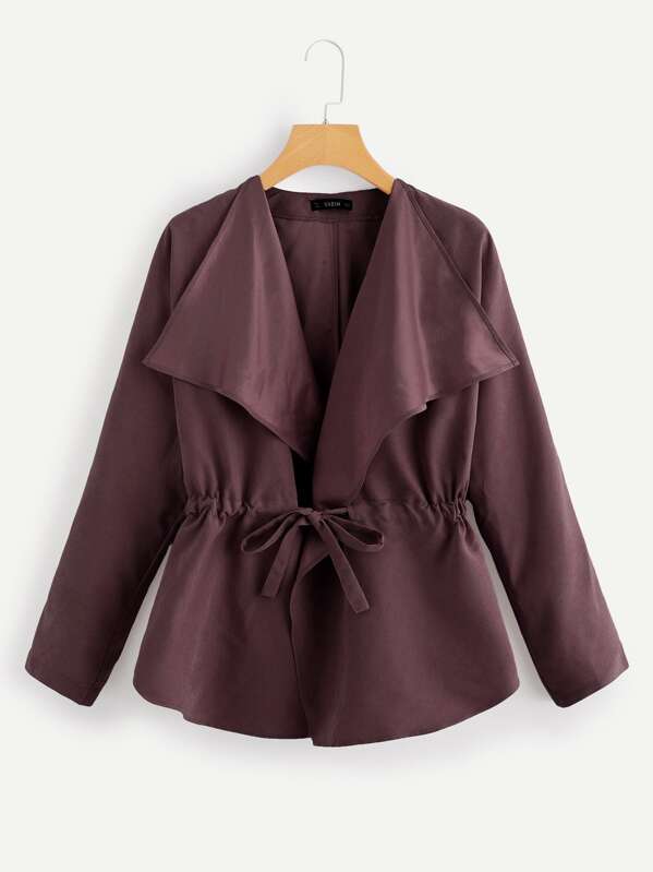 

Drawstring Waist Solid Waterfall Coat, Burgundy
