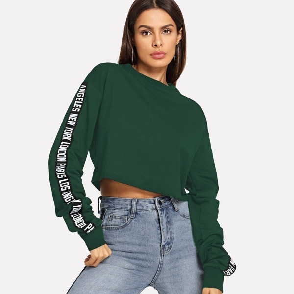 

Letter Print Sleeve Crop Sweatshirt, Green
