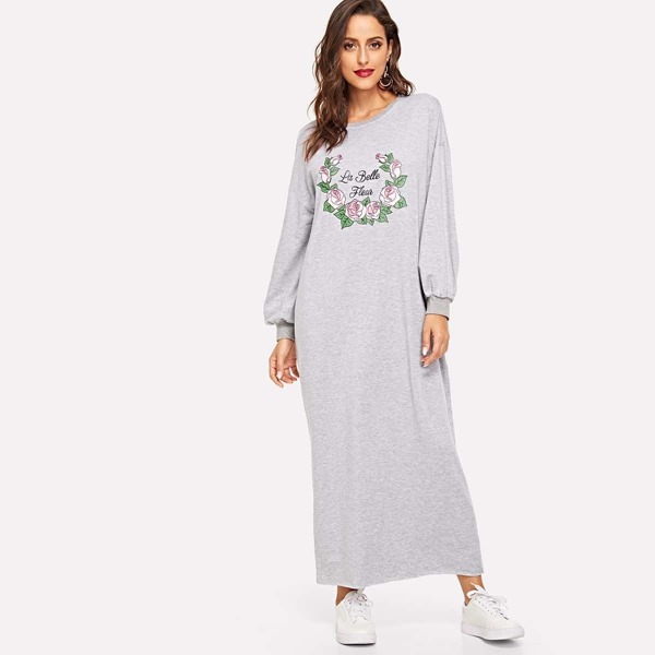 

Drop Shoulder Floral and Letter Hijab Dress